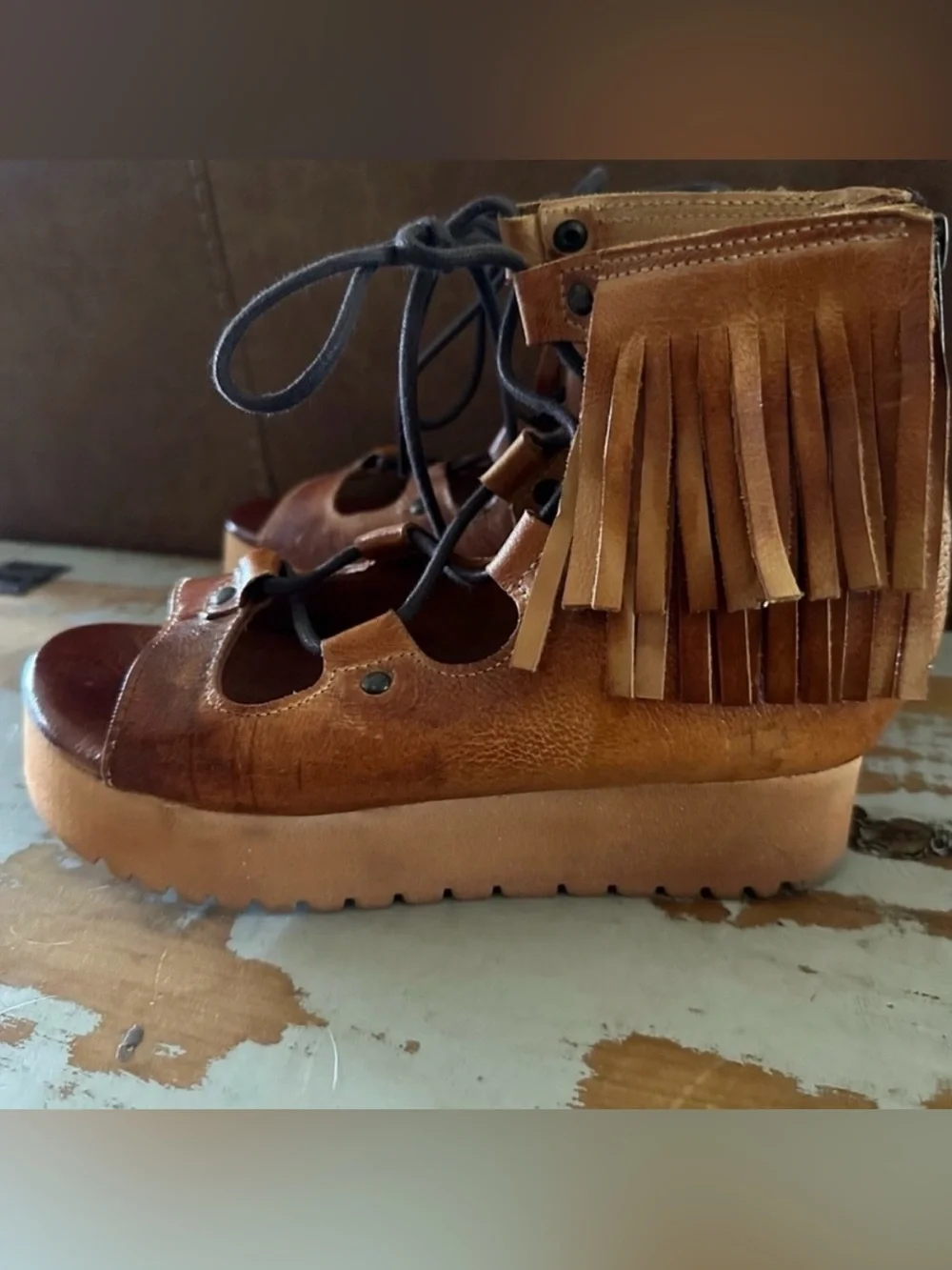 Rare BED STU Sandals MADISON Boho Platform Cognac Fringe Size 7.5